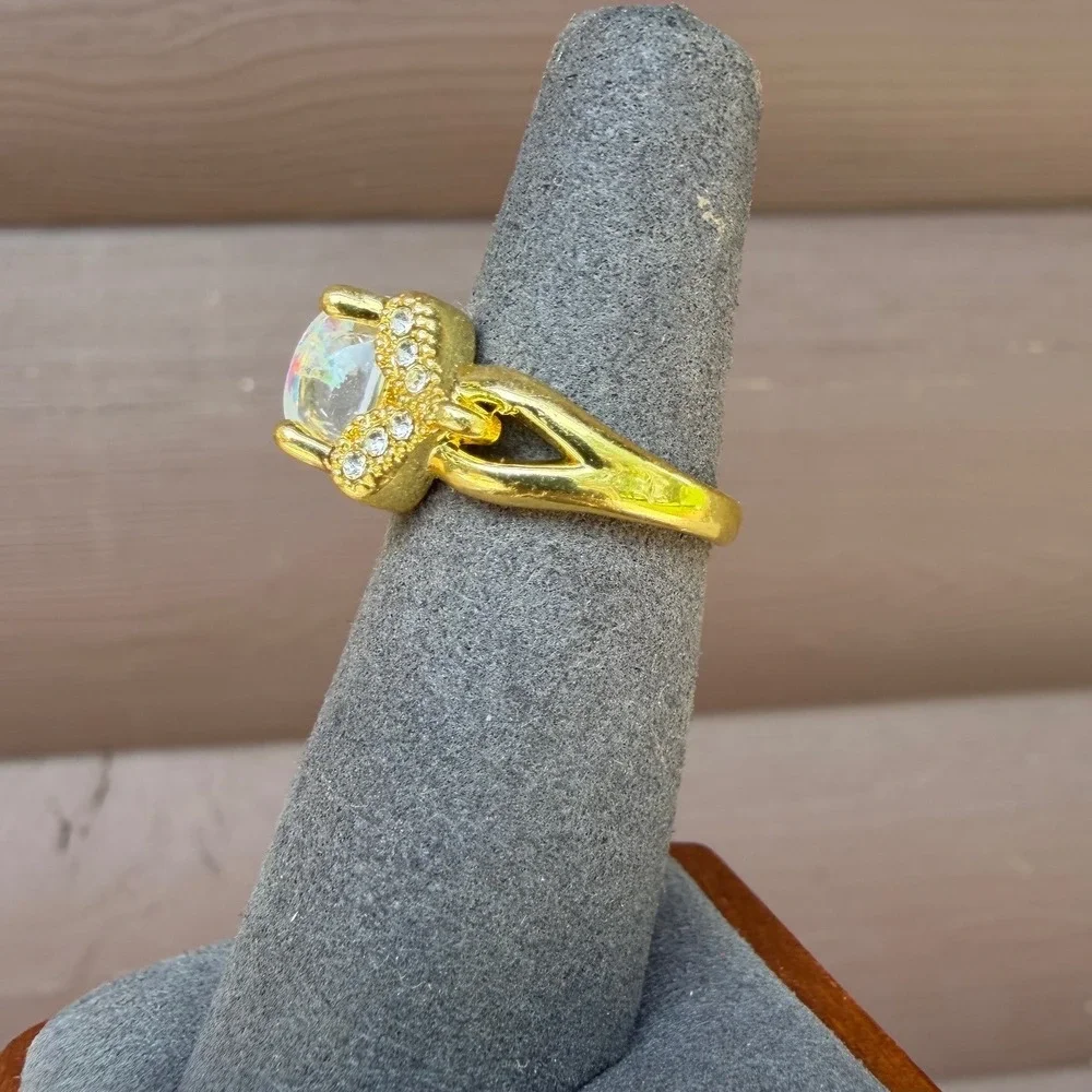 Gold Tone Oval Faux Fire Opal Ring Rhinestone Accents Size 6
